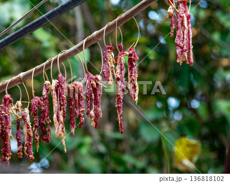 Sun-Dried Beef Strips Hanging on Bamboo Rod Traditional Thai Food Preservation 136818102