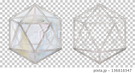Minimal glass and silver vessel, metal wireframe planter, terrarium structure, icosahedron crystal shape. Isolated illustration hand drawn in watercolor. Interior design, creative agency presentation. 136818347