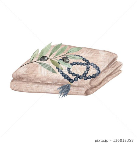 Prayer beads on folded linen cloth watercolor illustration isolated on white. Perfect for Christian design, church graphics, devotional layouts and contemplative content. Devotion during Lent season 136818355