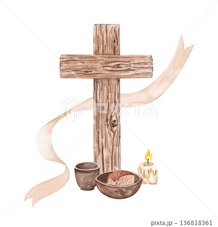 Wooden cross with bread, linen cloth and clay cup watercolor illustration on white background. Religious composition, copy space, suitable for Lent designs, banners, posters, spiritual publications Wooden cross with bread, linen cloth and clay cup watercolor illustration on white background. Religious composition, copy space, suitable for Lent designs, banners, posters, spiritual publications 136818361