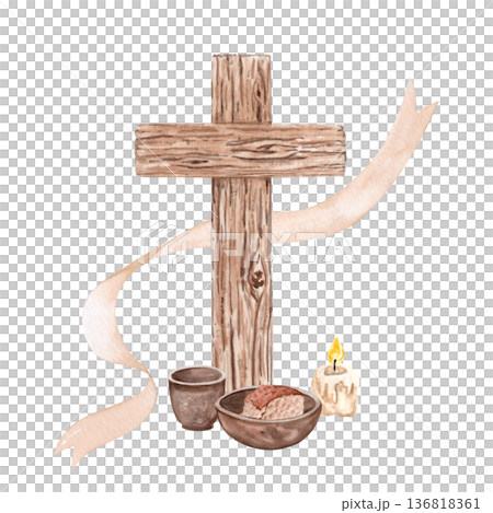 Wooden cross with bread, linen cloth and clay cup watercolor illustration on white background. Religious composition, copy space, suitable for Lent designs, banners, posters, spiritual publications Wooden cross with bread, linen cloth and clay cup watercolor illustration on white background. Religious composition, copy space, suitable for Lent designs, banners, posters, spiritual publications 136818361