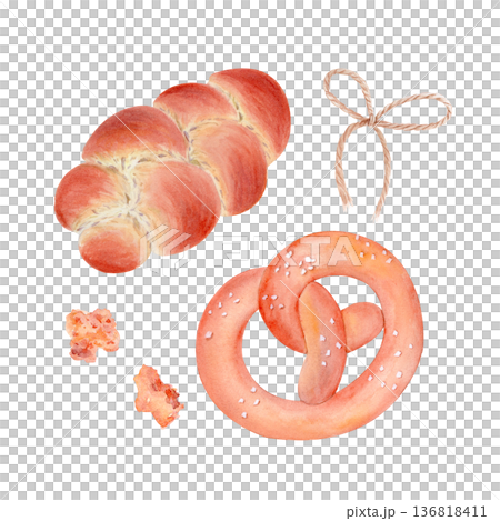 Braided bread loaf, salted pretzel, rope bow and crumbs watercolor hand-painted illustration isolated on white. Rustic food elements perfect for packaging, menu design and branding. Bakery collection 136818411