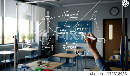 Hand sketching a mind map on a clear whiteboard in a classroom s 136818458
