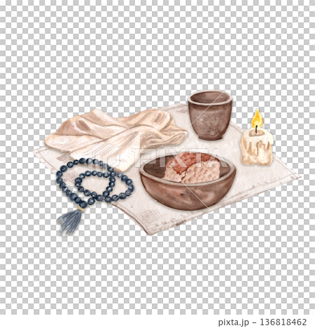 Rosary beads, folded burial cloth, burning candle, clay cup and bowl with bread watercolor isolated on white. Perfect for Ash Wednesday, Holy Week, church media, sermons, posters, faith-based design 136818462