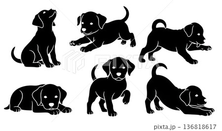 Black Solid Cute Puppy Poses Silhouettes Set of Six on White Background 136818617