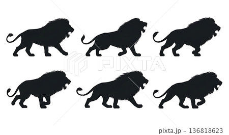 Black Solid Defensive Charge Lion Silhouettes Set of Six on White Background 136818623