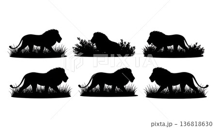Black Solid Dense Bush Stalk Lion Silhouettes Set of Six on White Background 136818630