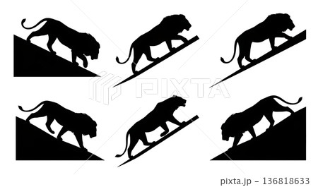 Black Solid Descending Slope Lion Silhouettes Set of Six on White Background 136818633