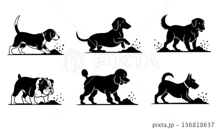 Black Solid Digging Dog Silhouettes Set of Six on White Background 136818637