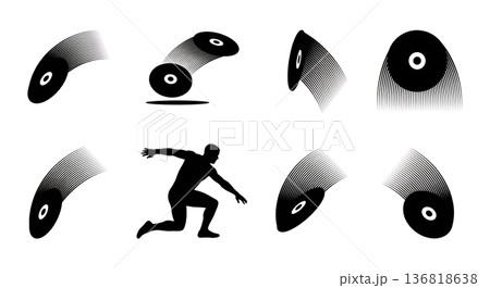 Black Solid Discus In Flight Silhouettes Set of Six on White Background Black Solid Discus In Flight Silhouettes Set of Six on White Background 136818638