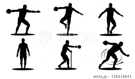 Black Solid Discus Thrower Balance & Stability Drills Silhouettes Set of Six on White Background 136818641