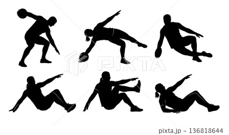 Black Solid Discus Throw Core Stabilization Silhouettes Set of Six on White Background 136818644