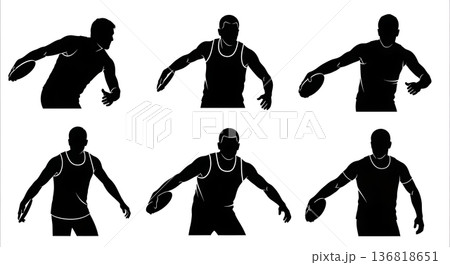 Black Solid Discus Thrower Breathing Exertion Silhouettes Set of Six on White Background 136818651