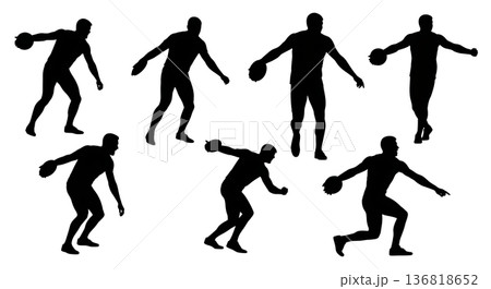 Black Solid Discus Thrower Celebration Silhouettes Set of Six on White Background Black Solid Discus Thrower Celebration Silhouettes Set of Six on White Background 136818652