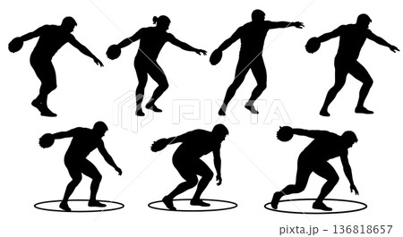 Black Solid Discus Thrower Deep Concentration Silhouettes Set of Six on White Background Black Solid Discus Thrower Deep Concentration Silhouettes Set of Six on White Background 136818657