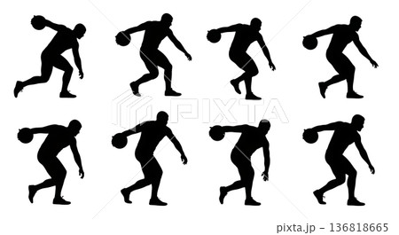 Black Solid Discus Thrower Ground Lift-off Silhouettes Set of Six on White Background 136818665