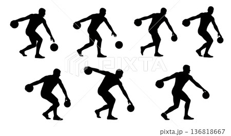 Black Solid Discus Thrower Implements Silhouettes Set of Six on White Background 136818667