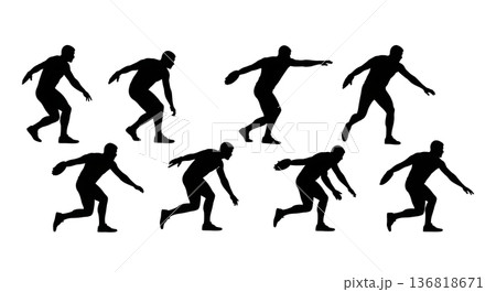 Black Solid Discus Thrower Lead Leg Block Silhouettes Set of Six on White Background Black Solid Discus Thrower Lead Leg Block Silhouettes Set of Six on White Background 136818671