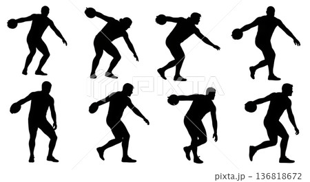 Black Solid Discus Thrower Low-Angle Power Silhouettes Set of Six on White Background 136818672