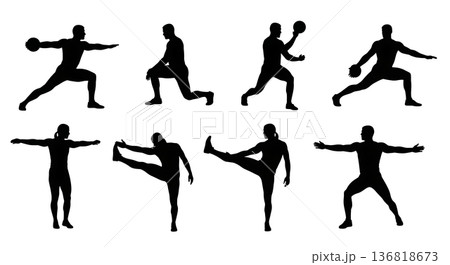 Black Solid Discus Thrower Lunges Silhouettes Set of Six on White Background 136818673