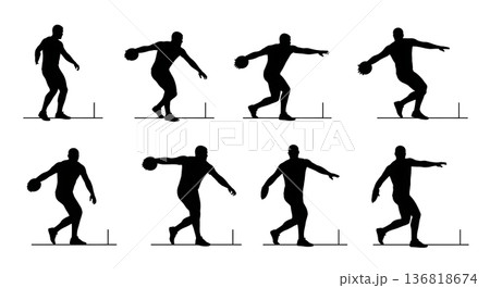 Black Solid Discus Thrower Measurement Line Silhouettes Set of Six on White Background 136818674