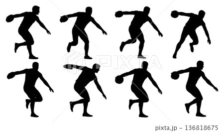 Black Solid Discus Thrower Mid-Air Release Silhouettes Set of Six on White Background Black Solid Discus Thrower Mid-Air Release Silhouettes Set of Six on White Background 136818675