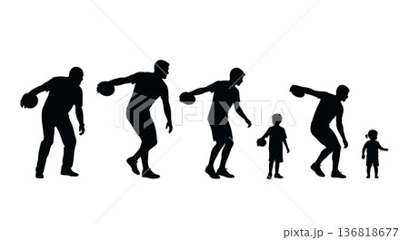 Black Solid Multi-Generational Discus Throwers Silhouettes Set of Six on White Background 136818677