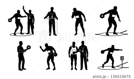 Black Solid Discus Thrower Officials Interaction Silhouettes Set of Six on White Background 136818678