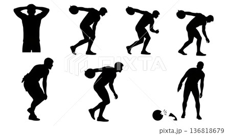Black Solid Discus Thrower Overcoming Challenge Silhouettes Set of Six on White Background Black Solid Discus Thrower Overcoming Challenge Silhouettes Set of Six on White Background 136818679