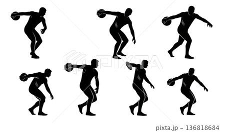 Black Solid Discus Thrower Retro Silhouettes Set of Six on White Background 136818684
