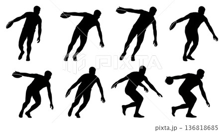 Black Solid Discus Thrower Reverse Throw Silhouettes Set of Six on White Background 136818685