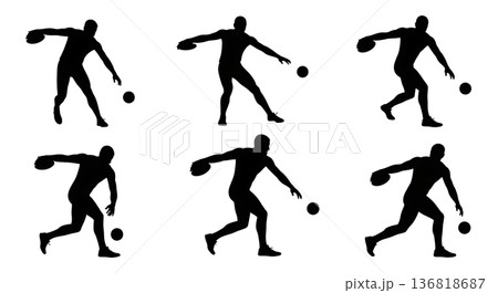 Black Solid Discus Thrower Rotational Movement Silhouettes Set of Six on White Background 136818687