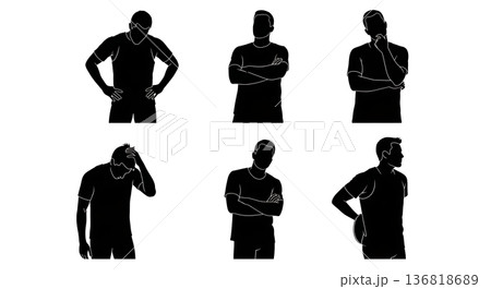 Black Solid Discus Thrower Self-Reflection Silhouettes Set of Six on White Background 136818689