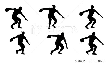 Black Solid Discus Thrower Spinning Technique Silhouettes Set of Six on White Background 136818692