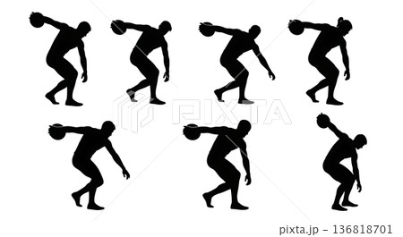 Black Solid Discus Thrower Visualizing Flight Silhouettes Set of Six on White Background Black Solid Discus Thrower Visualizing Flight Silhouettes Set of Six on White Background 136818701
