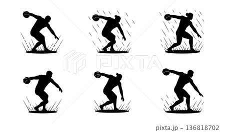 Black Solid Discus Thrower Wet Weather Silhouettes Set of Six on White Background Black Solid Discus Thrower Wet Weather Silhouettes Set of Six on White Background 136818702