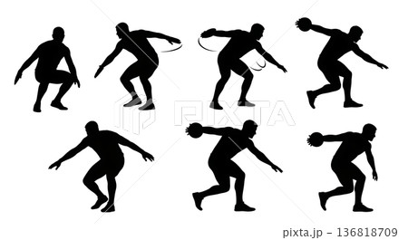 Black Solid Discus Thrower Ground Force Application Silhouettes Set of Six on White Background 136818709