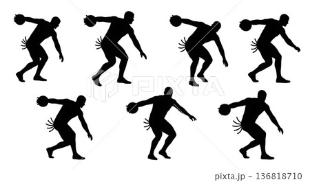 Black Solid Discus Thrower Hip Rotation Silhouettes Set of Six on White Background Black Solid Discus Thrower Hip Rotation Silhouettes Set of Six on White Background 136818710