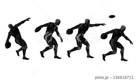 Black Solid Discus Throw Muscular Engagement Silhouettes Set of Six on White Background Black Solid Discus Throw Muscular Engagement Silhouettes Set of Six on White Background 136818711