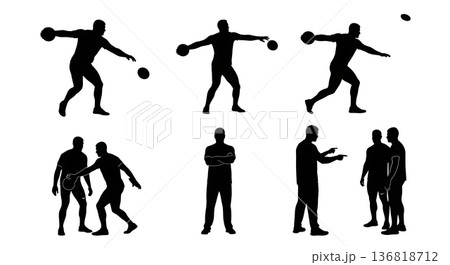 Black Solid Discus Throw Partner/Team Drills Silhouettes Set of Six on White Background Black Solid Discus Throw Partner/Team Drills Silhouettes Set of Six on White Background 136818712