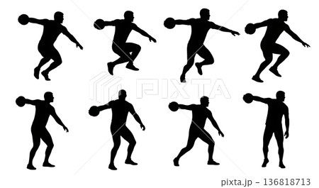 Black Solid Discus Throw Plyometric Exercises Silhouettes Set of Six on White Background 136818713