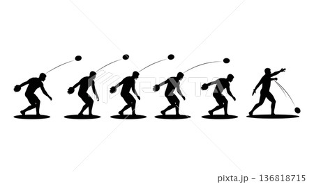 Black Solid Discus Thrower Release Angle & Trajectory Silhouettes Set of Six on White Background Black Solid Discus Thrower Release Angle & Trajectory Silhouettes Set of Six on White Background 136818715