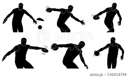Black Solid Discus Thrower Wrist & Finger Flick Silhouettes Set of Six on White Background Black Solid Discus Thrower Wrist & Finger Flick Silhouettes Set of Six on White Background 136818784
