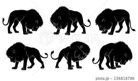 Black Solid Distressed Lion Silhouettes Set of Six on White Background Black Solid Distressed Lion Silhouettes Set of Six on White Background 136818786