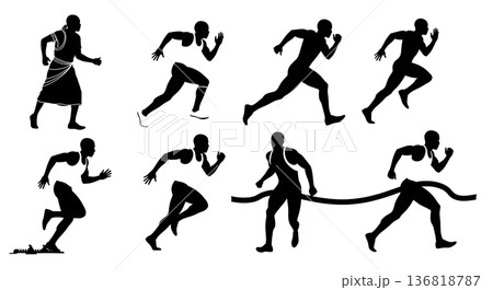 Black Solid Diverse Sprinters Silhouettes Set of Six on White Background 136818787