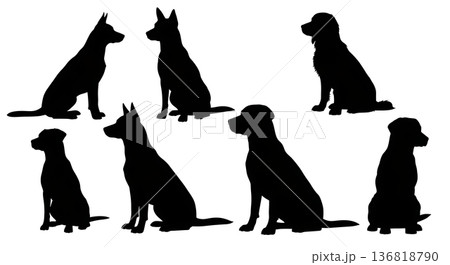 Black Solid Dog Attentive Sit Silhouettes Set of Six on White Background 136818790