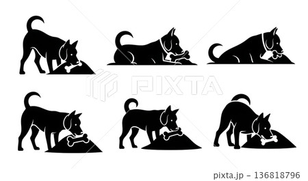 Black Solid Dog Burying Bone Silhouettes Set of Six on White Background Black Solid Dog Burying Bone Silhouettes Set of Six on White Background 136818796