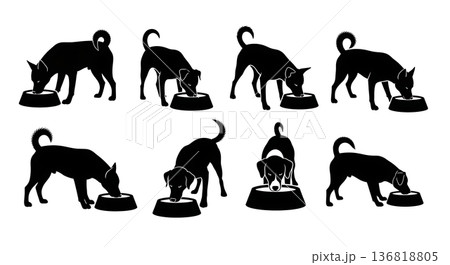 Black Solid Dog Drinking Water Silhouettes Set of Six on White Background 136818805
