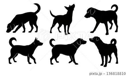 Black Solid Dog Exploring Silhouettes Set of Six on White Background Black Solid Dog Exploring Silhouettes Set of Six on White Background 136818810