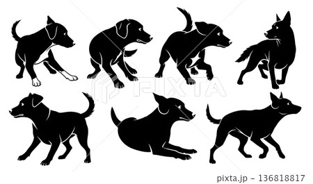 Black Solid Dog Head Turn Quick Silhouettes Set of Six on White Background Black Solid Dog Head Turn Quick Silhouettes Set of Six on White Background 136818817